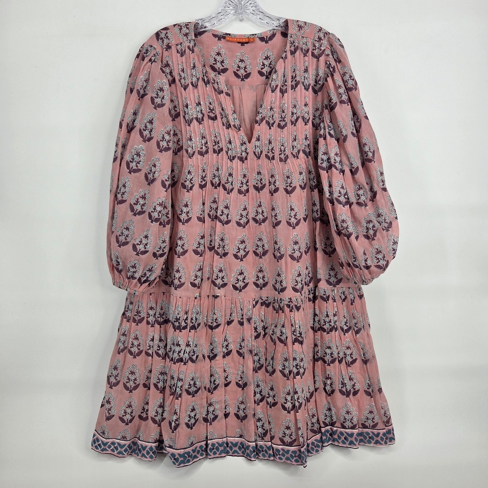 Oliphant Block Print Dress L Pink Boho Art-Inspired Tiered Cotton Balloon Sleeve